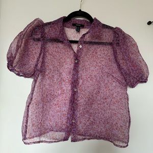 Sheer Floral Purple Top with Puffy Sleeves